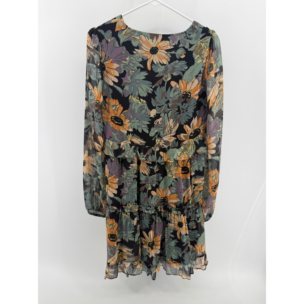 PAIGE Silk Floral Mini Dress Long Sleeve V-Neck Tiered Ruffle Black Multi XS